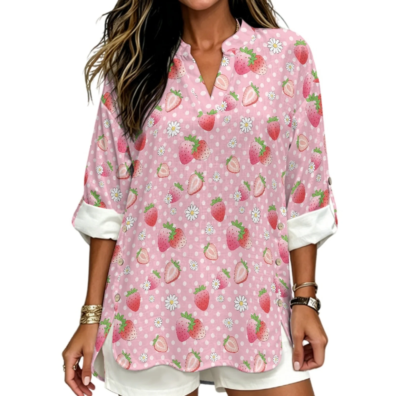 PENSTROLL Strawberry Daisy Linen Style Long Sleeve Shirts Notch V Neck Blouses for Ladies Comfortable Women's V Neck Tops