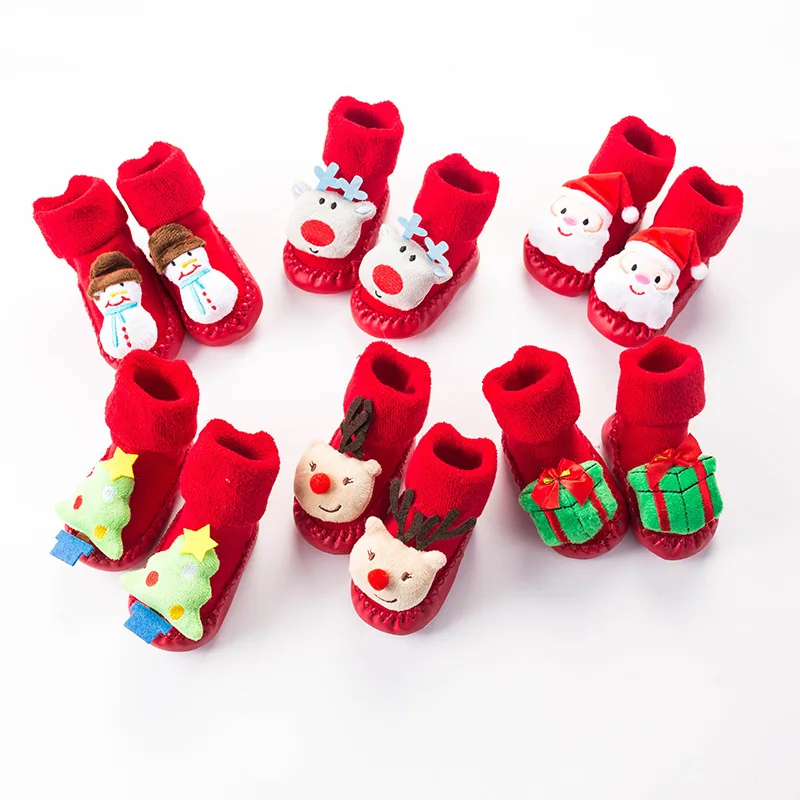 Baby Boy Girl Socks Anti Slip Rubber Soles Winter Warm Floor Socks Infant Toddler Floor Socks Christmas Shoes Soft Sole Sock