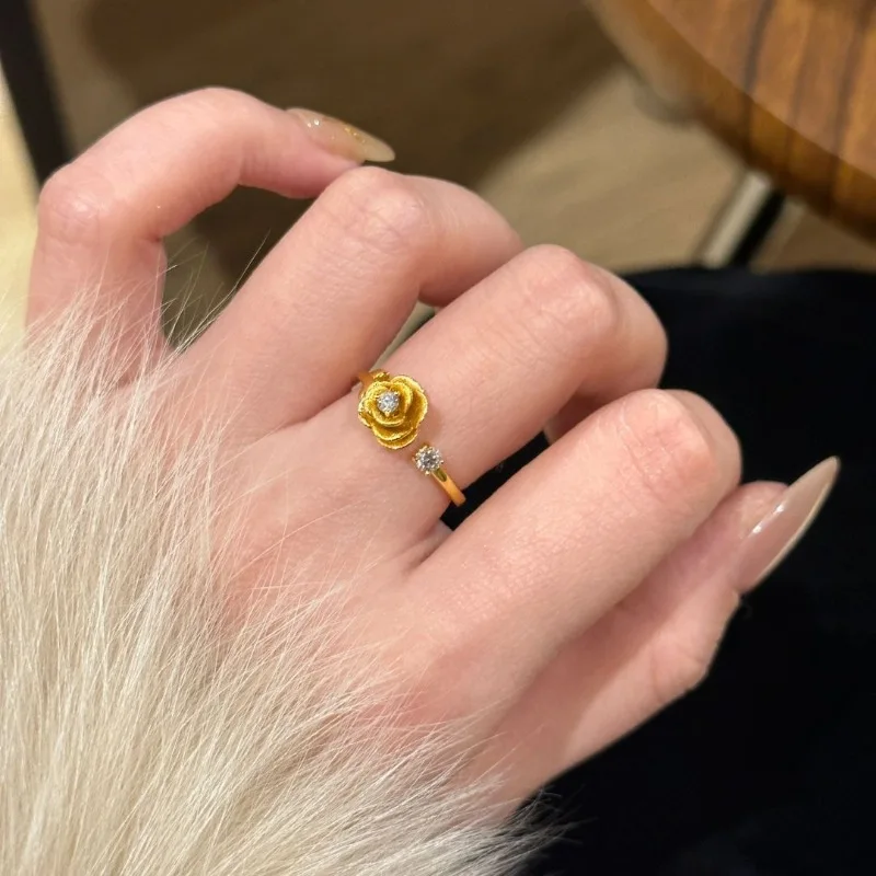 

Light luxury minimalist diamond studded brushed rose flower rings for women exquisite floral vintage ring couple's jewelry