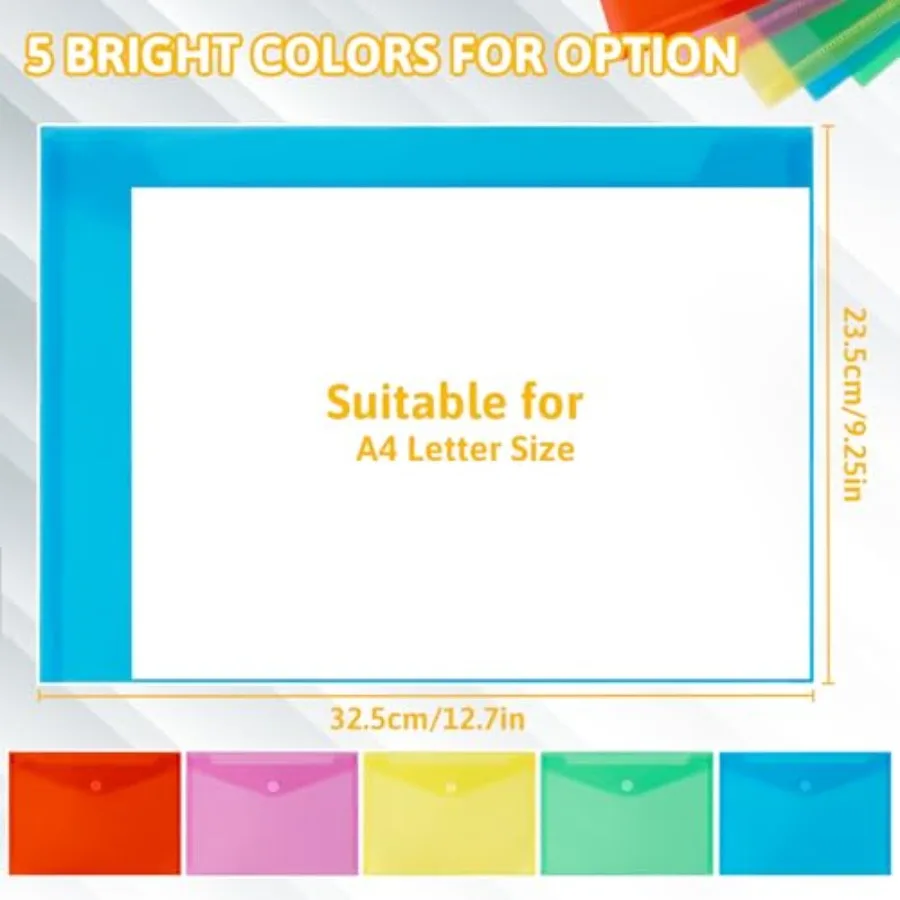Buste in plastica trasparente Confezione da 5 buste in plastica poli con chiusura Formato lettera A4 Impermeabile riutilizzabile 5 Colo Ideale per Sch