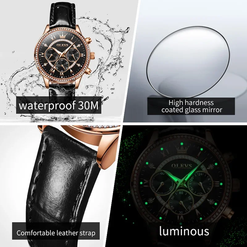 OLEVS Women's Watches Fashion Elegant Diamond Bezel Original Watch for Ladies Soft Leather Strap Waterproof Luminous Chronograph
