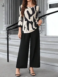 European and American women's elegant and fashionable temperament, round neck printed 3/4 sleeve top, black pants set