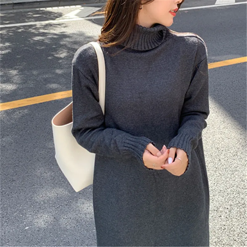 Abito lungo lavorato a maglia da donna primaverile Autunno Inverno Maglione allentato da donna Pullover Dolcevita Abiti casual solidi Donna Плаusе