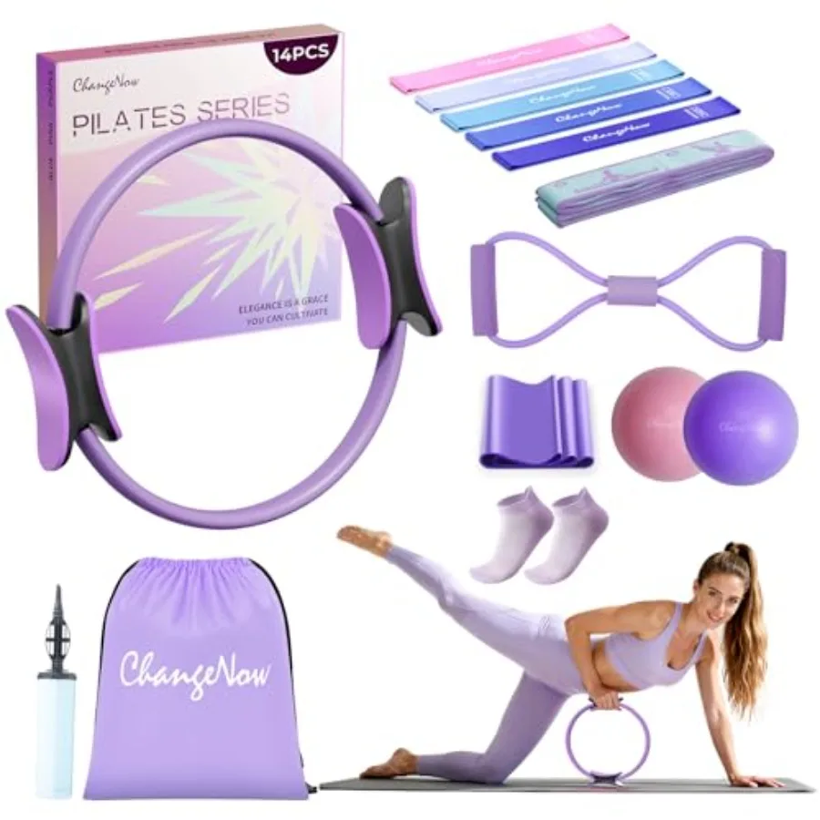 Gezieltes Pilates-Trainingsset mit 14'' Magic Circle Figure 8 Bändern, Pilates-Ball und Widerstandsbändern für Frauen zur Stärkung von Core und Oberschenkeln