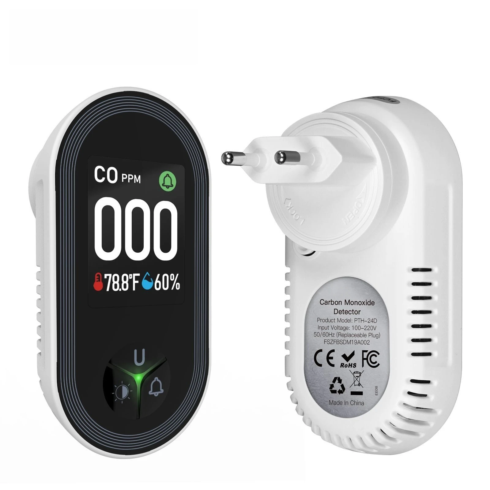 Carbon Monoxide Detector: 3-in-1 CO Temp Humidity Monitor with Large Display - Plug in Wall Unit for Real-Time Alerts and Home