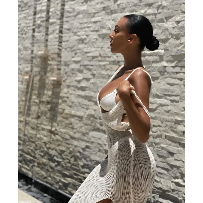 أزياء مثير متماسكة فستان ماكسي الأبيض التستر بيكيني الشاطئ النساء ملابس السباحة الجوف خارج انظر من خلال عارية الذراعين فساتين طويلة ضمادة