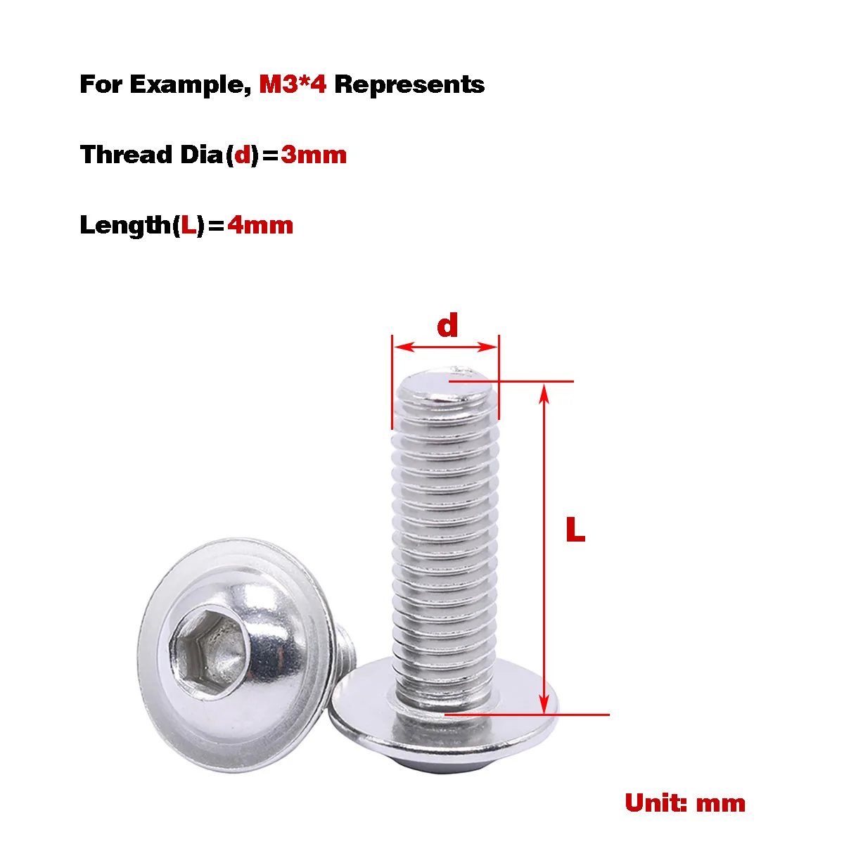 

304 Stainless Steel Round Head Padded Hexagon Socket Screw M3-M10