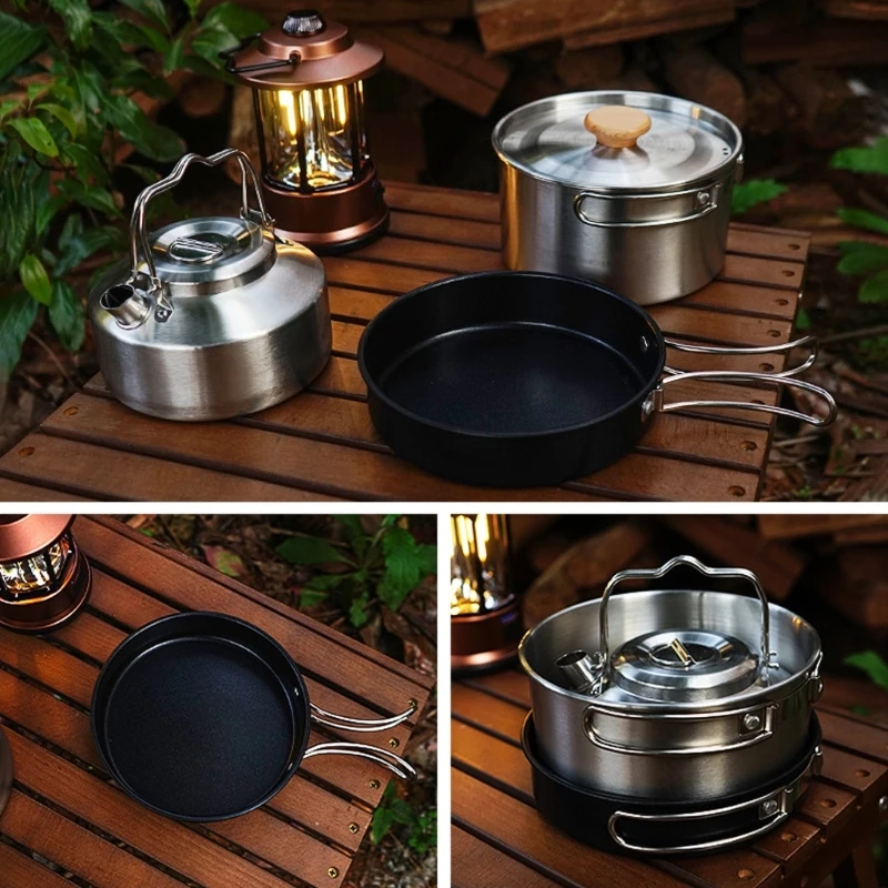 Camping Cookware Set Stainless Steel Campfires Cooking Pot, Pan and Kettle Combos Kits with Storage Bag Outdoor Cook Set