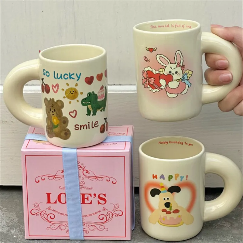 Cute Graffiti Cartoon Bear Cup Ceramic Mug Girl Heart Water Cup Birthday Gift