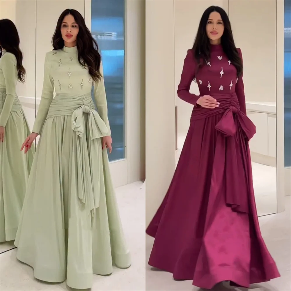 

Индивидуальные модные ретро плиссированные драпированные стразы с бантом трапециевидной формы с высоким воротником длинные платья на заказ платья для особых случаев изысканные элегантные