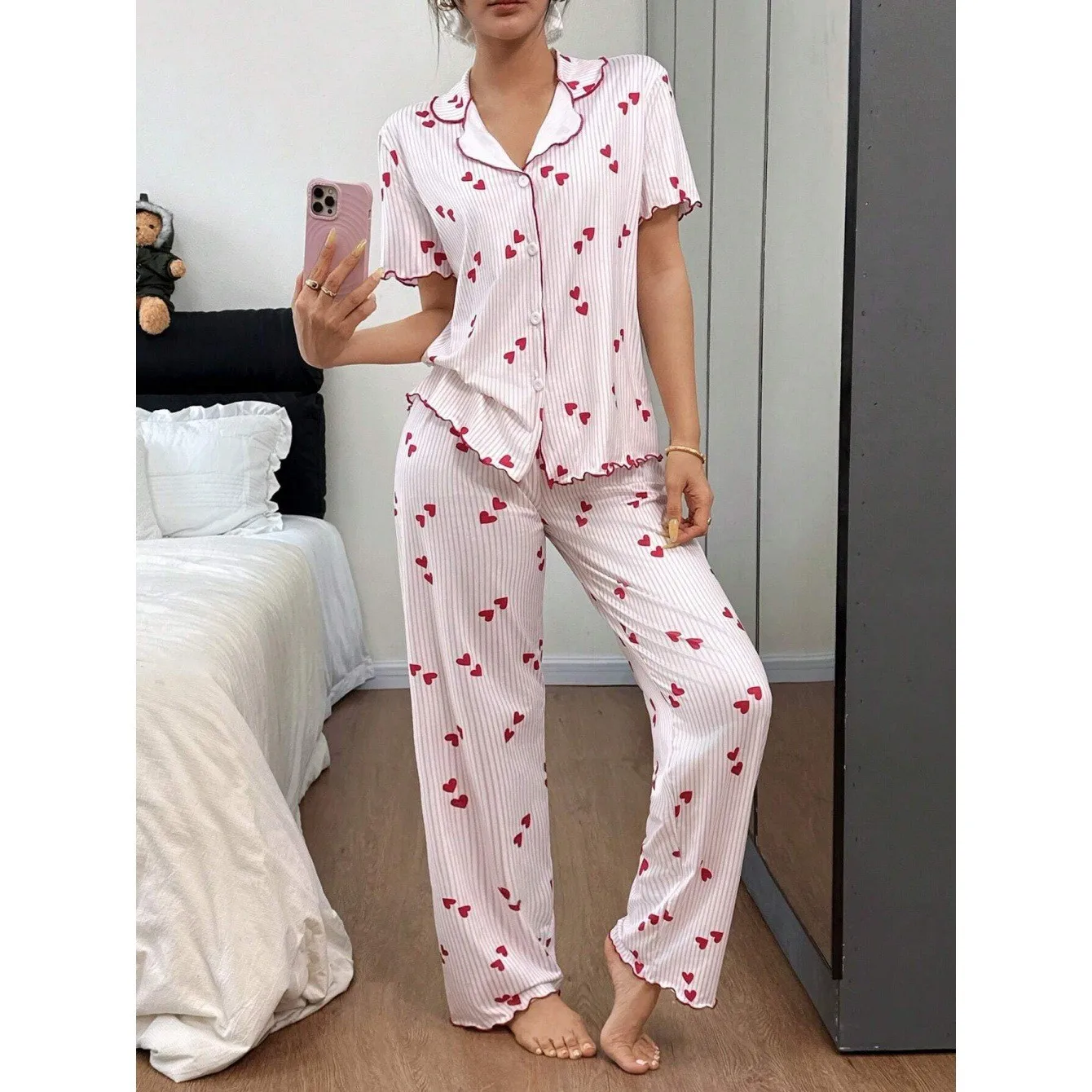 

Women's Pajama Knit Casual Loungewear Set Button Front Ruffle Trim Long Pants Sleepwear Set Wide Leg Heart Print Pajamas