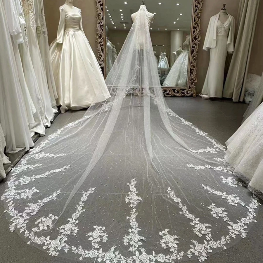 

New Arrival Ivory Cathedral Wedding Veils Beaded Lace Bridal Veil Bride Wedding accessories Velo de novias Wedding dress mariage