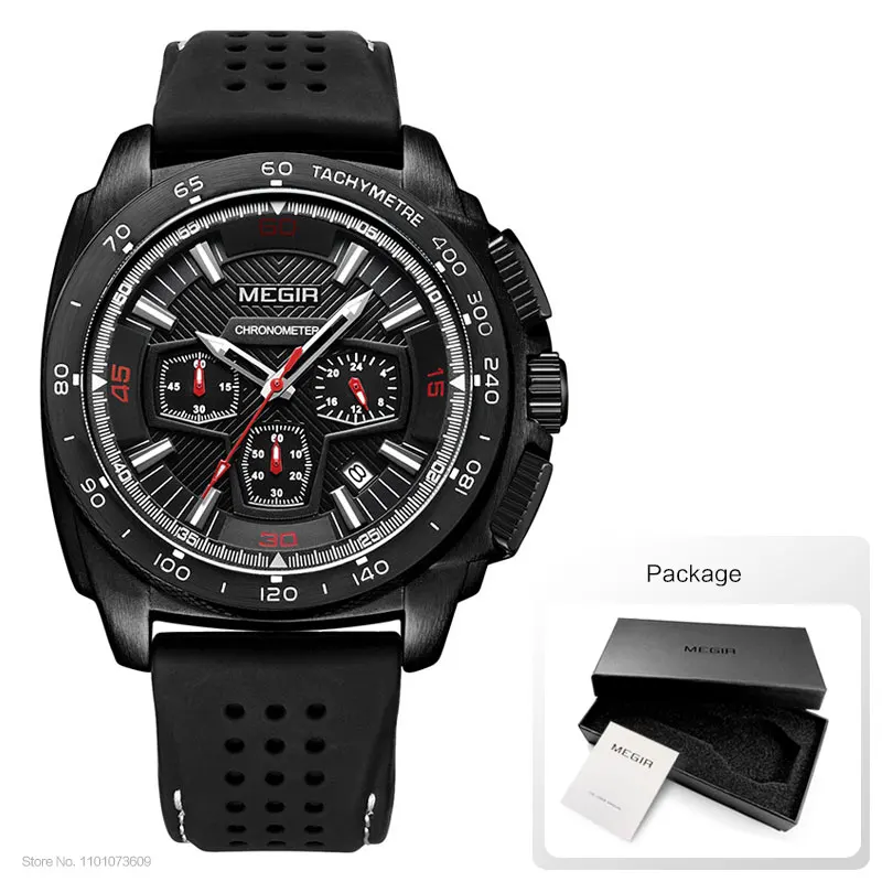 Megir Males Mens Chronograph Sport Watches with Quartz Movement Rubber Band Luminous Wristwatch for Man Boys 2056G-1N0