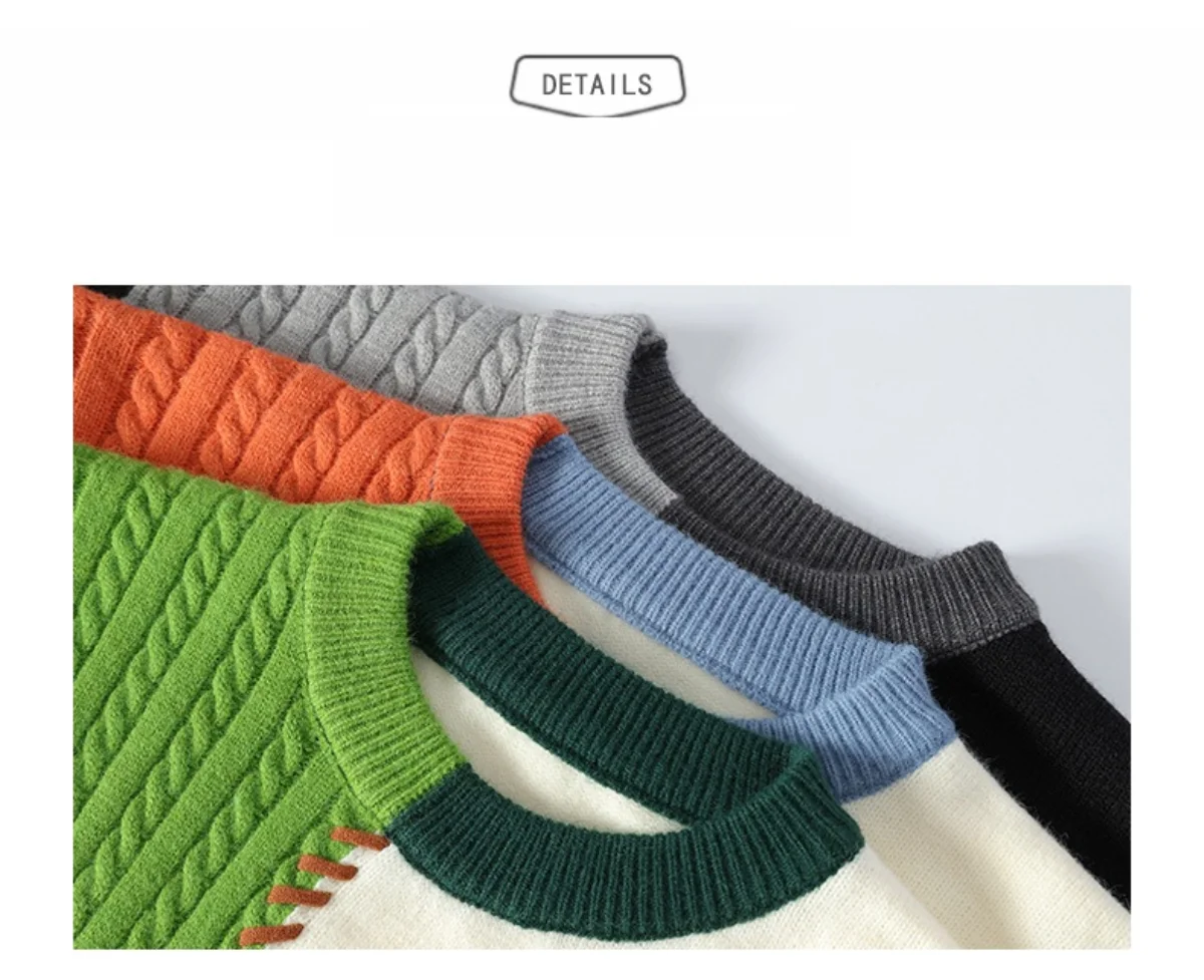 Patchwork Knitwear Fashionable Men Sweater Men's Trendy Winter Sweater – Loose-Fit, Thick, Warm Knit Pullover for Teenagers