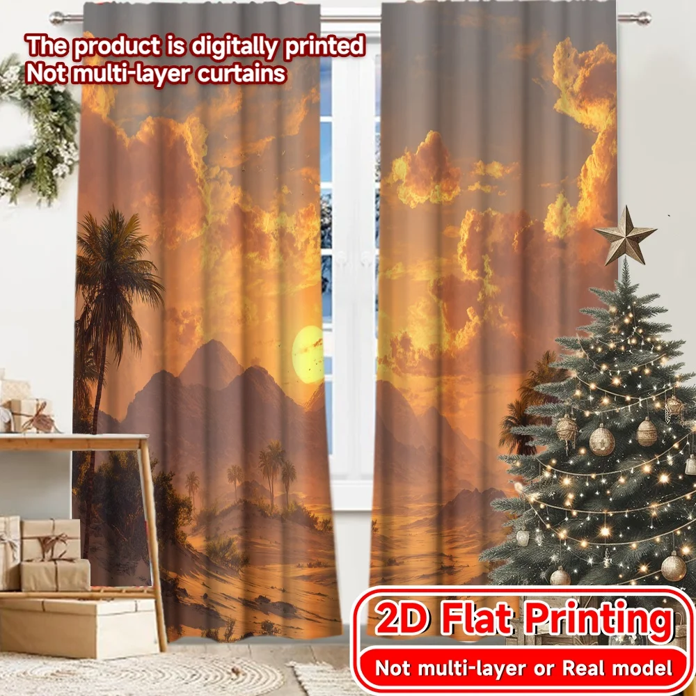 2D Flat Printing,2pcs Desert Oasis Dawn Chic Curtain Chic Versatile Polyester Fabric Curtains Art Deco Festive Perfect for