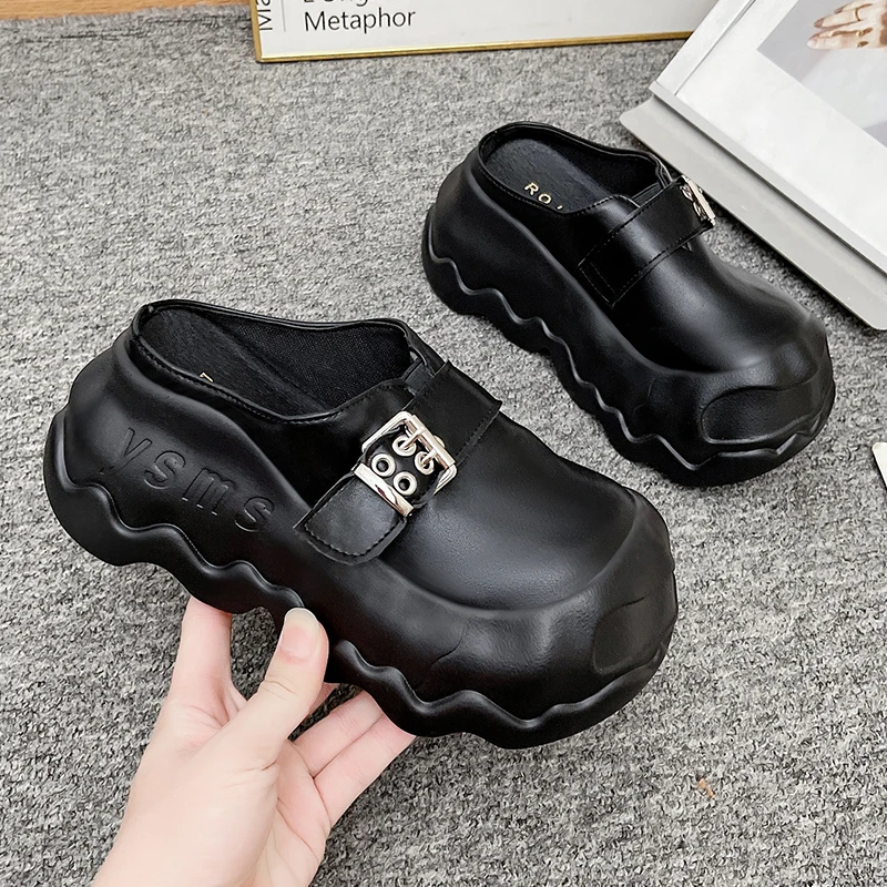 Slippers Women 2026 New Autumn Winter 8cm Thick-soled Half Slippers Leather Female Wear Fashion Closed Toe Women Slippers