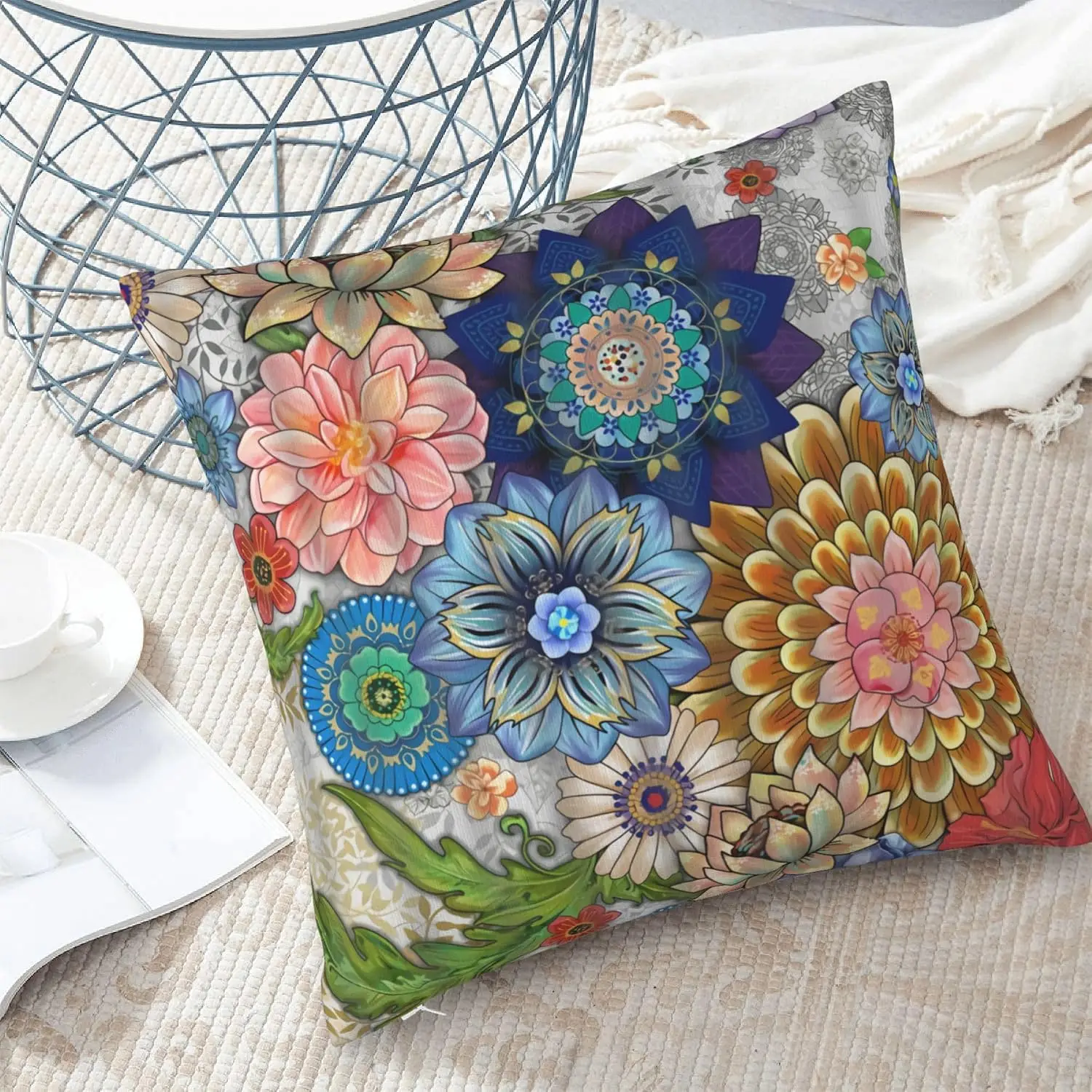 Bohemian Mandala Throw Pillow Cover, Colourful Floral, 18x18 Inch | Soft durable fabric Hidden zipper closure