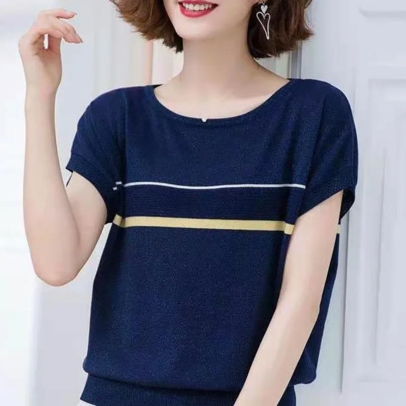 2023 Summer New Female Clothing Pullover Ice Silk Women\'s T-shirt Short Sleeve Knit Striped Loose Fashion Elegant Tops