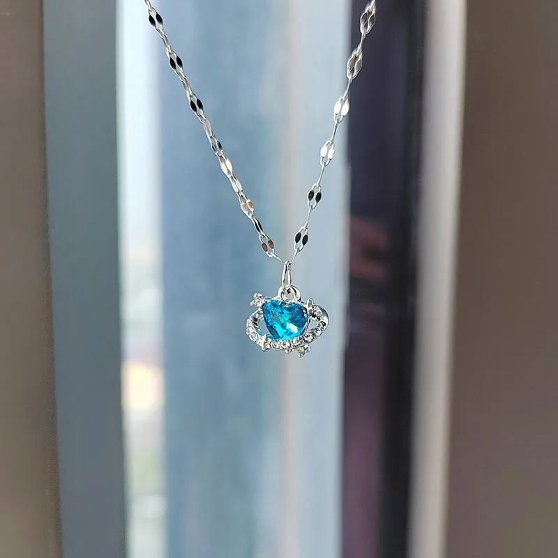 Ocean Heart Shaped Necklace With Blue Crystal Stone Pendant Planet Necklace for Women Wife Anniversary Valentine Birthday Gift