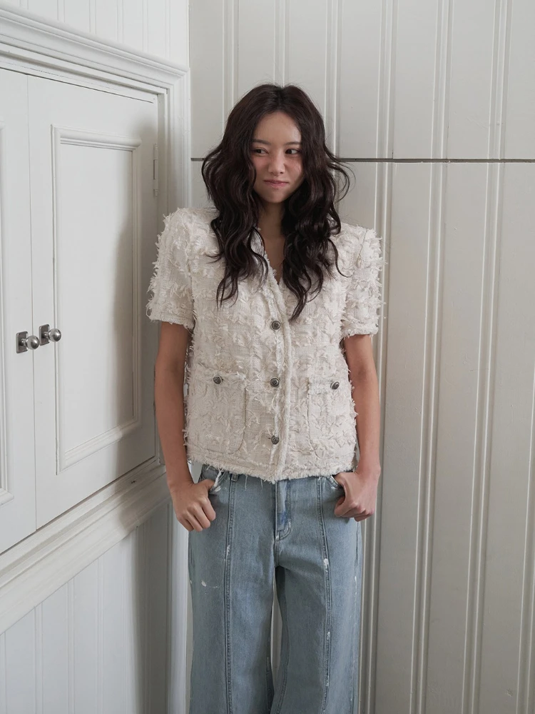 

2025 New Women Vintage Tweed Jacket Short Sleeve White Black Retro Elegant Tassel Summer Outwear Chic Korean Fashion Coats Tops