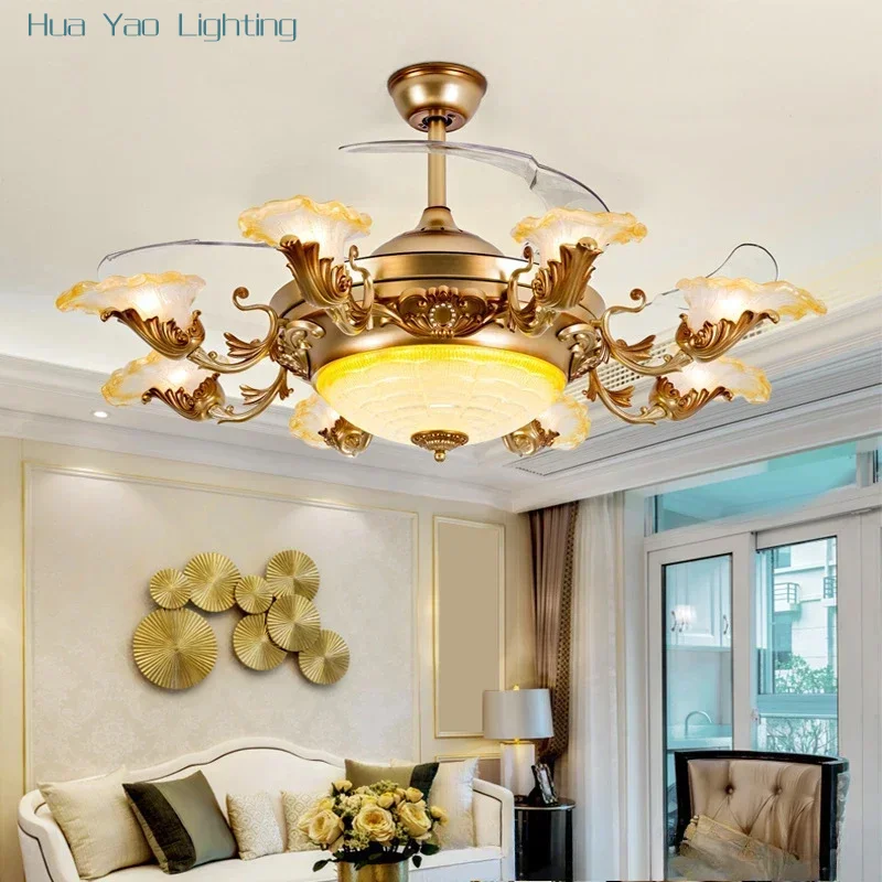 

Crystal new European invisible luxury ceiling fan lamp living room remote control retro inverse atmospheric fan chandelier