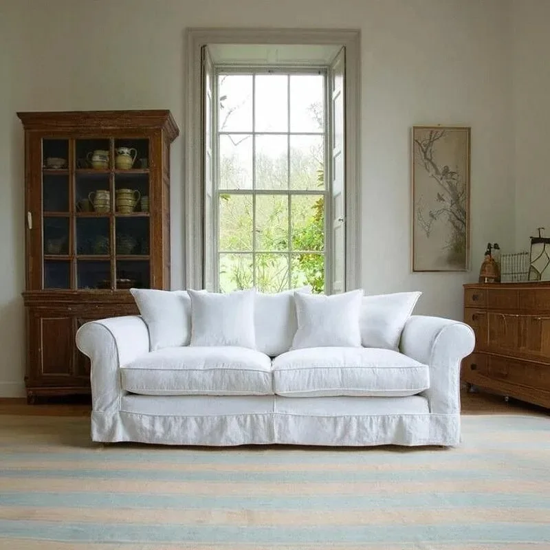 French Medieval Cream Cotton Linen Sofa Wind Cloud White Removable Washable Small Seam Straight Loveseat