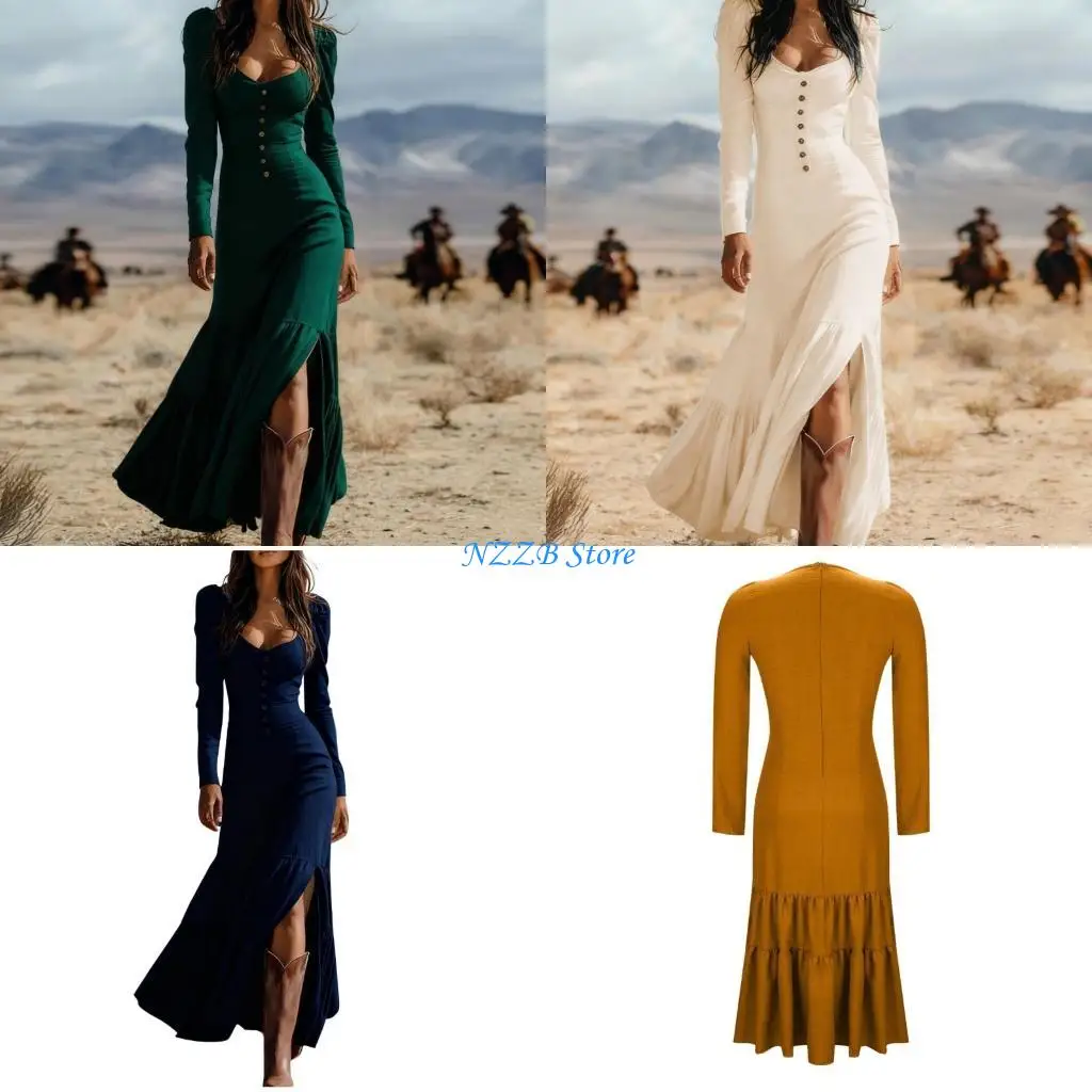 

T21F Long Sleeve Women's Party Dress Button Front Square Neck Corset A Line Dresses
