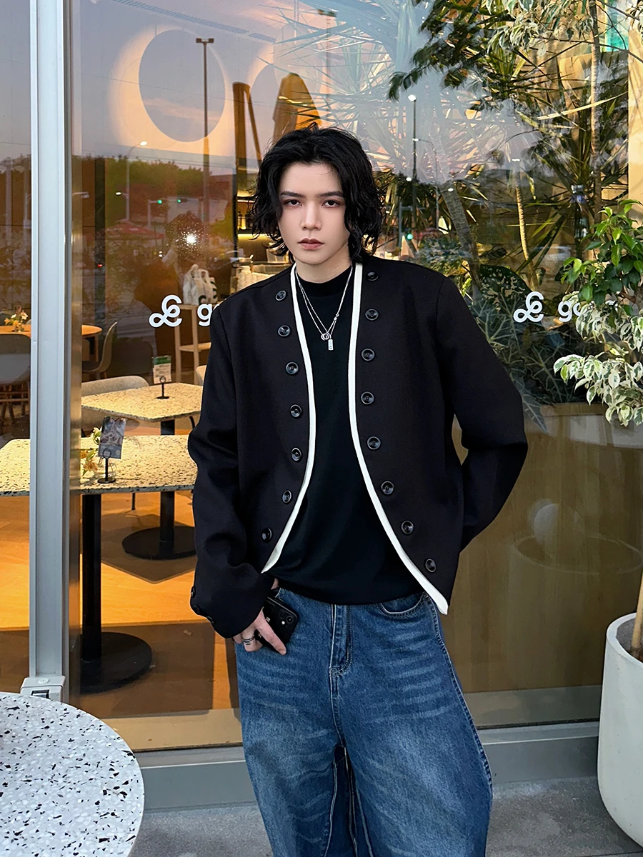 Men's 2025 Spring and Autumn New High-end Button Decoration Coats Contrast Color Casual Jackets Niche Retro Trendy Short Jacket