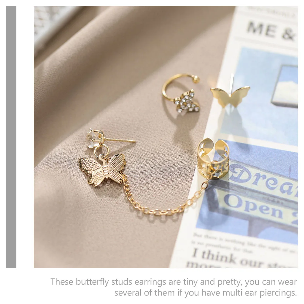 

3 Pcs Ear Cuff Set Studs Earrings Dainty Small Rhinestones Chain Cuffs Fashion Women Accessories