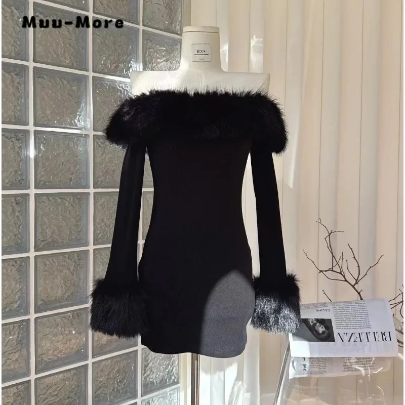 

2023 Winter Hotsweet Long Sleeve Sheath Slash Neck Gothic Mini Dresses Women's Sexy Tassels Slim Fit Black Clubwear Dress