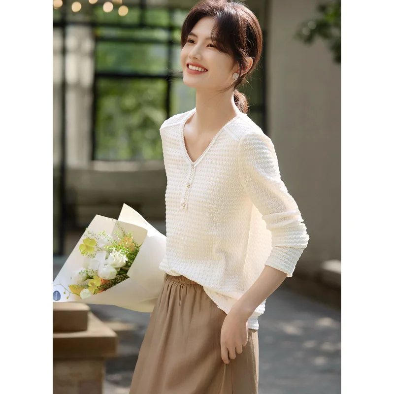 

Women's Pullover Simple and Elegant Versatile Small Fragrance Style Texture Shirt Women's Solid Color Button Long-sleeved Top