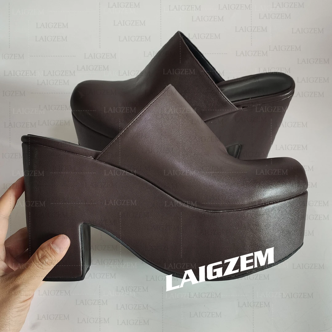 LAIGZEM Women Pumps Platform Faux Leather Round Toe High Heels Slip On Ladies Handmade Shoes Woman Large Size 39 41 42 45 48