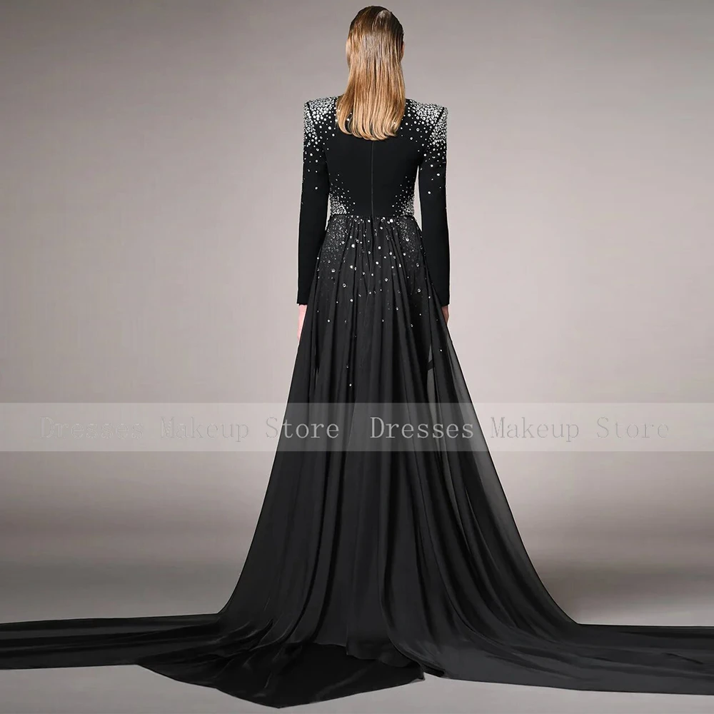 Black Evening Dress Exquisite Spandex Rhinestone Front Fork Bespoke Occasion Gown A-line Square Neck Women's Evening Gowns 2024