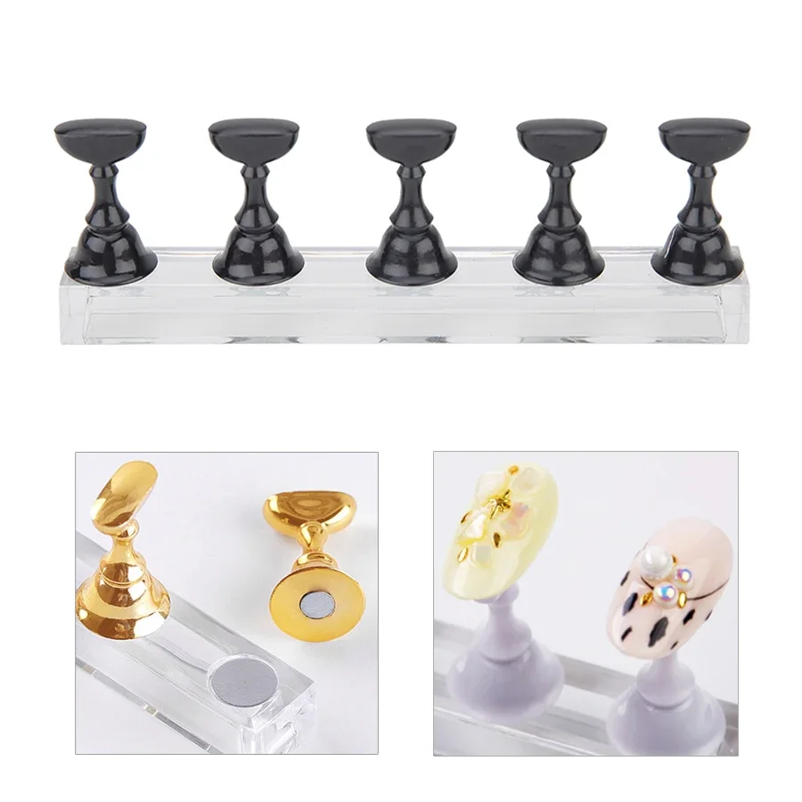 5-teiliges Nail Art Übungsständer-Set, Schachbrett, magnetische Spitzen, weißer und schwarzer Halter, polnisches Gel-Farbkarte-Werkzeug