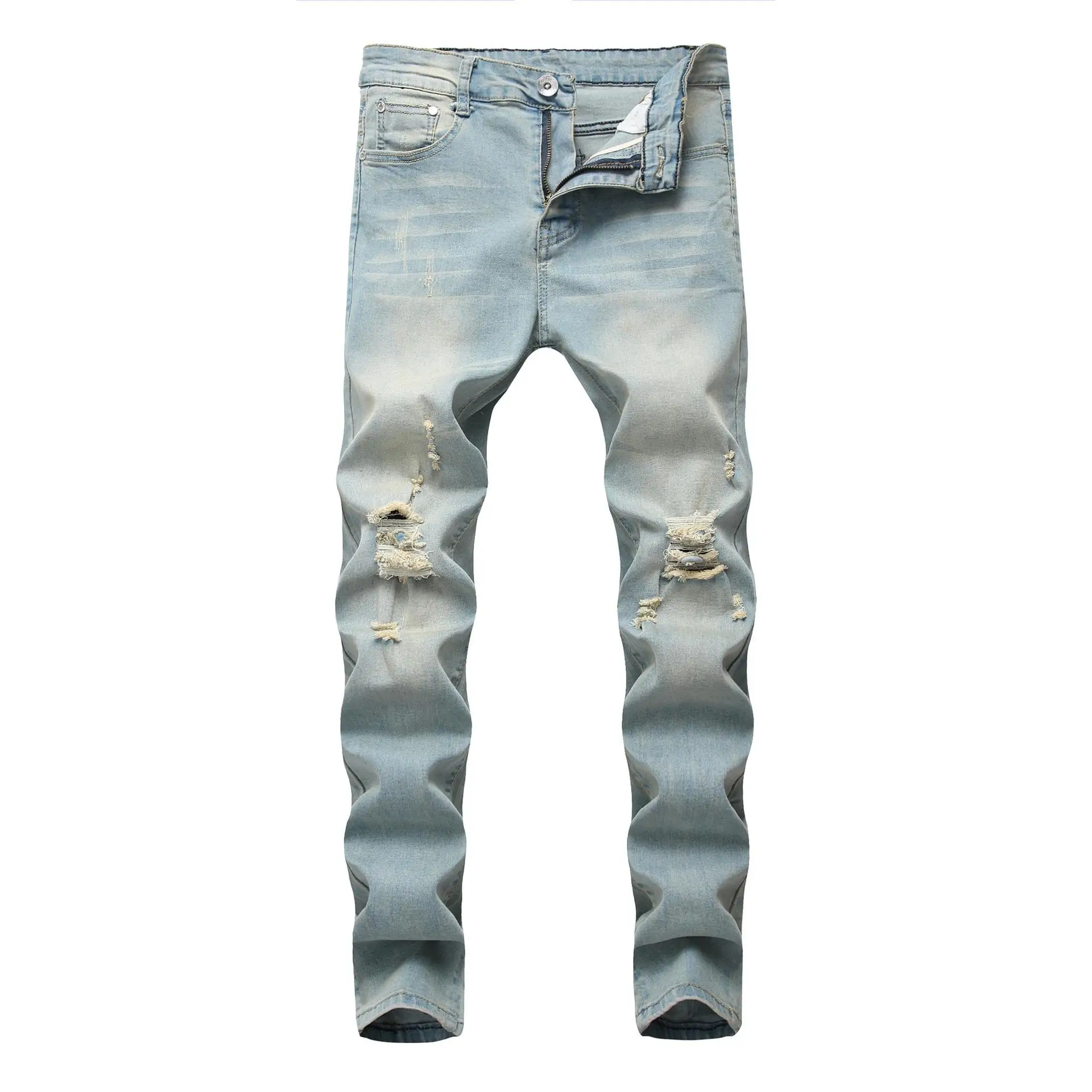 High Elasticity Slim Fit Men's Denim Jeans mid Waist Cotton Straight Leg Zipper Closure Travel Resistant Stretchy Blue Jeans