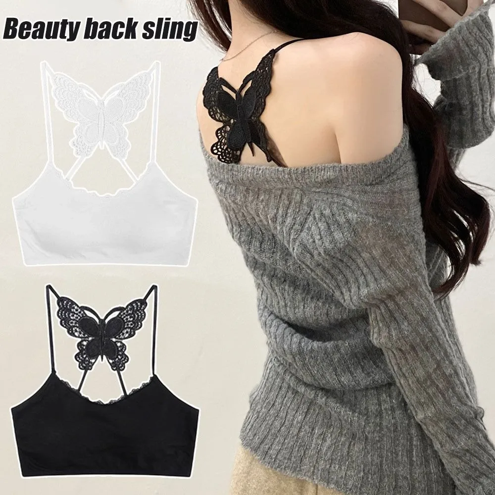 Butterfly Embroidery Backless Butterfly Vest Built In Pad Lace Trim Padded Camisole Hollow Out Innerwear Tank Top Summer Wear