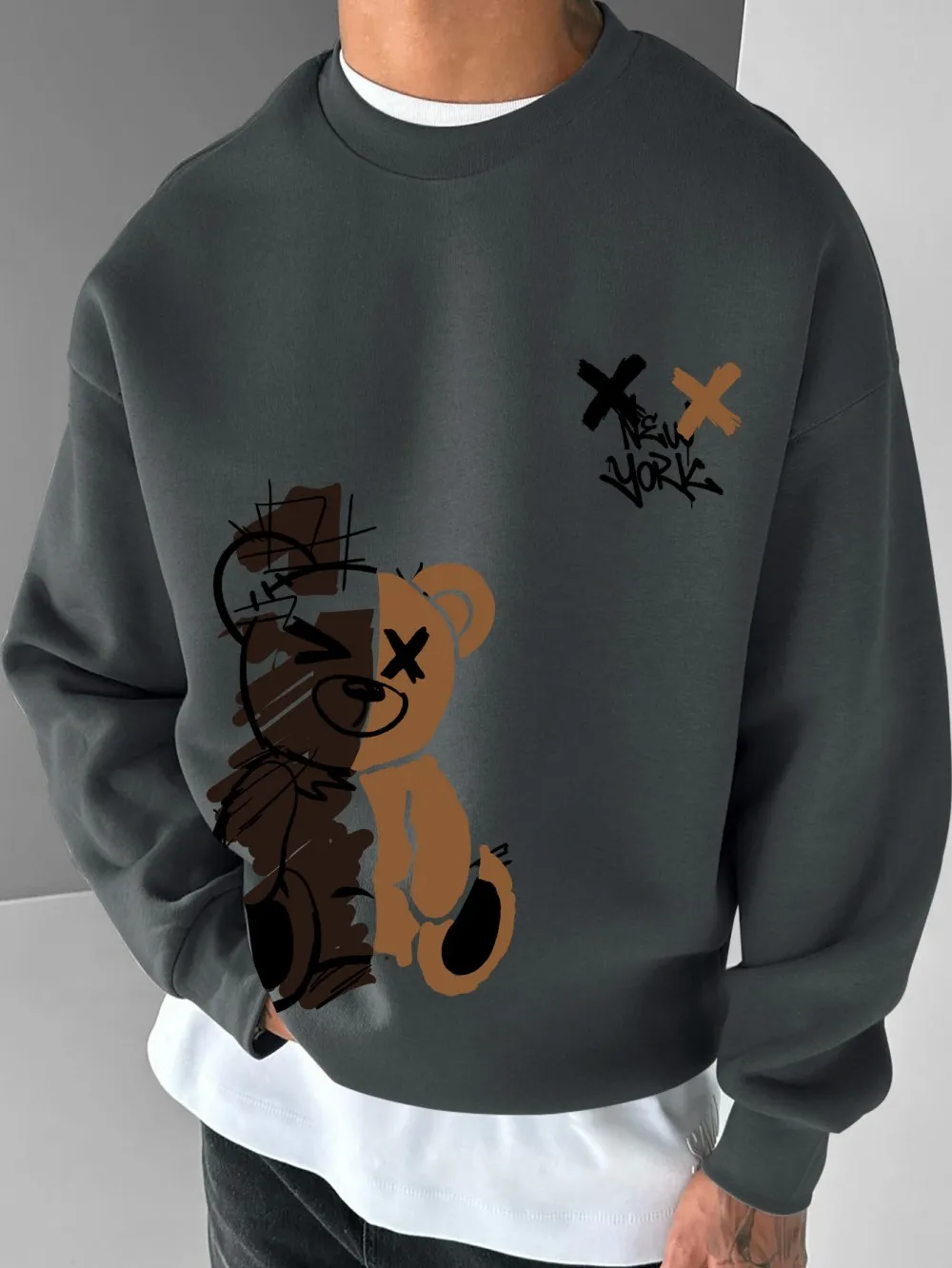 American men's autumn spliced teddy bear letter print soft and comfortable round neck long sleeved T-shirt outdoor casual top view 6