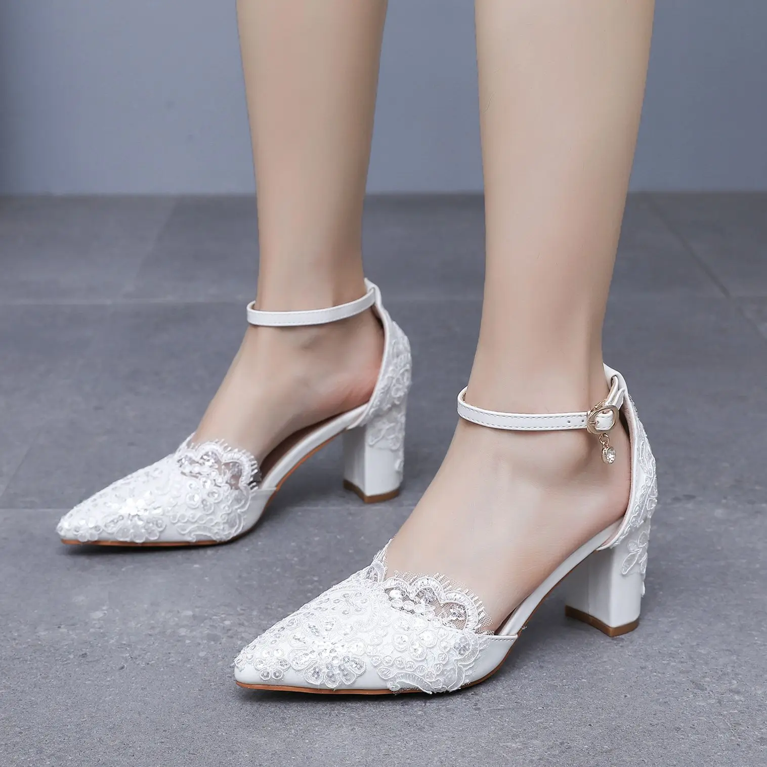 Women Flower Sandals Pointed Toe Pumps Dress Party Square High Heels White Lace Sequin Weding Shoes