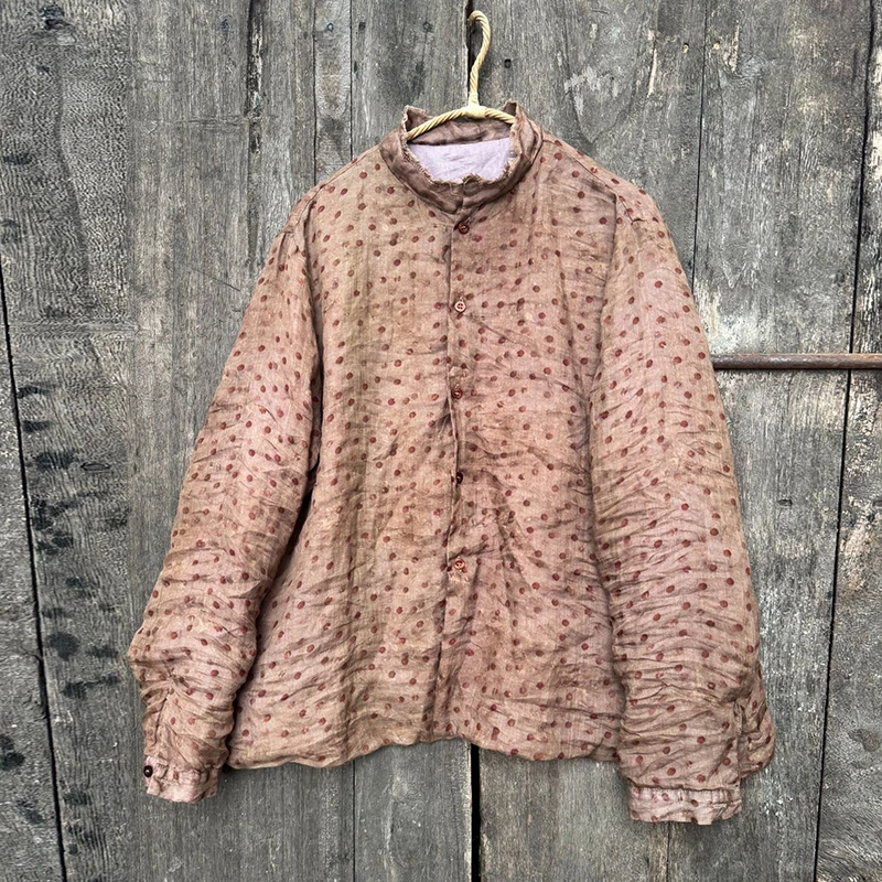 

Women Cotton Linen Casual Coats New 2025 Autumn Vintage Style Stand Collar Polka Dot Loose Female Long Sleeve Jackets M2001