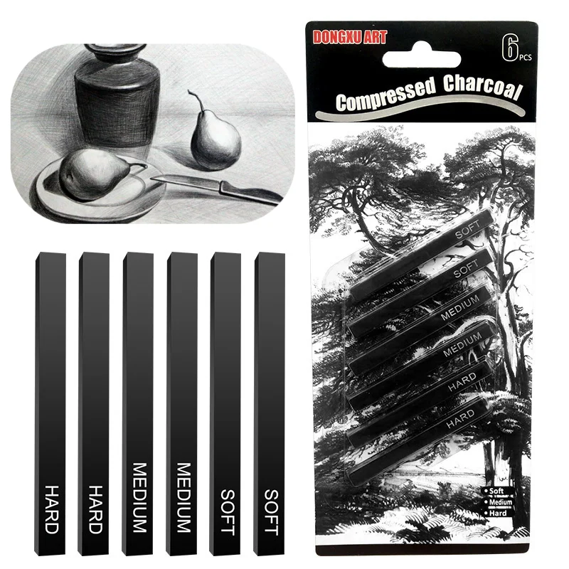 

6.3CM 6 Pcs Set Sketch Carbon Square Strips Soft Medium Hard Charcoal Bars Student Sketching Painting Graffiti Art Supplies