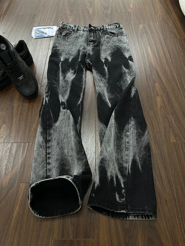 

American Retro Tie Dye Jeans Men's Micro Flare Waed Old Straight Leggings High Street Trend Brand Slimming Jeans