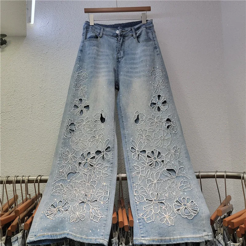 Jeans Women 2026 New Spring Collection Embroidered Hot Diamond High Waist Slimming Straight Leg Wide Leg Denim Pants for Women