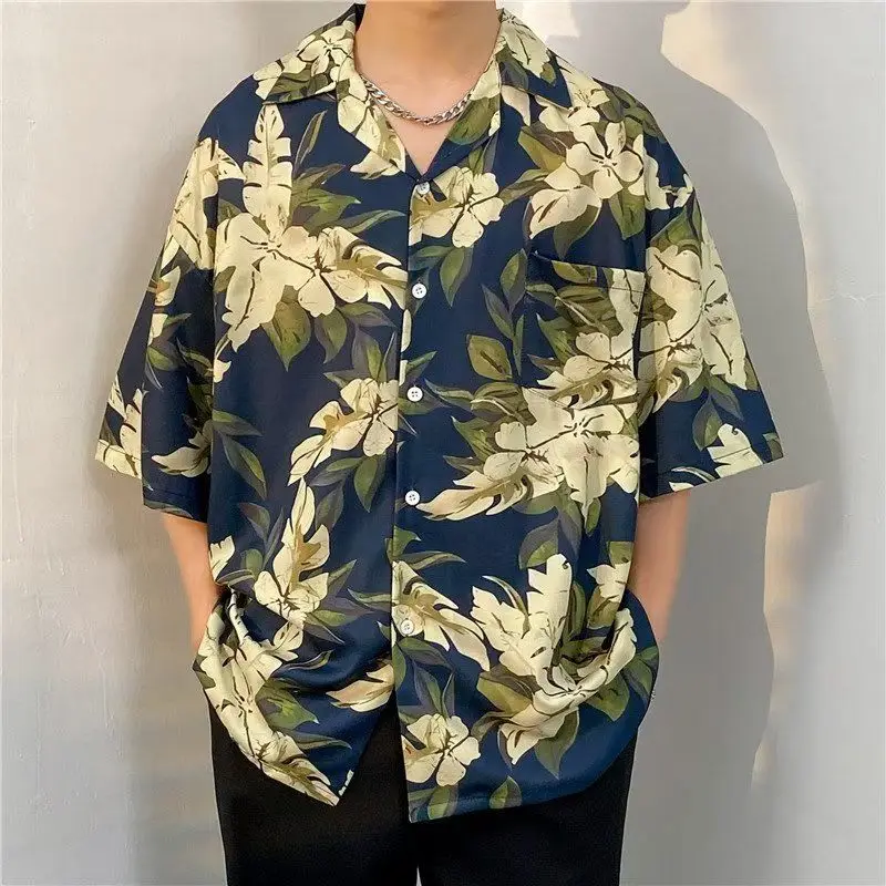 

Fashionable Brand Cuban Collar Retro Branch and Leaf Full Print Shirt Men's Loose Casual Handsome Five-point Sleeve Top