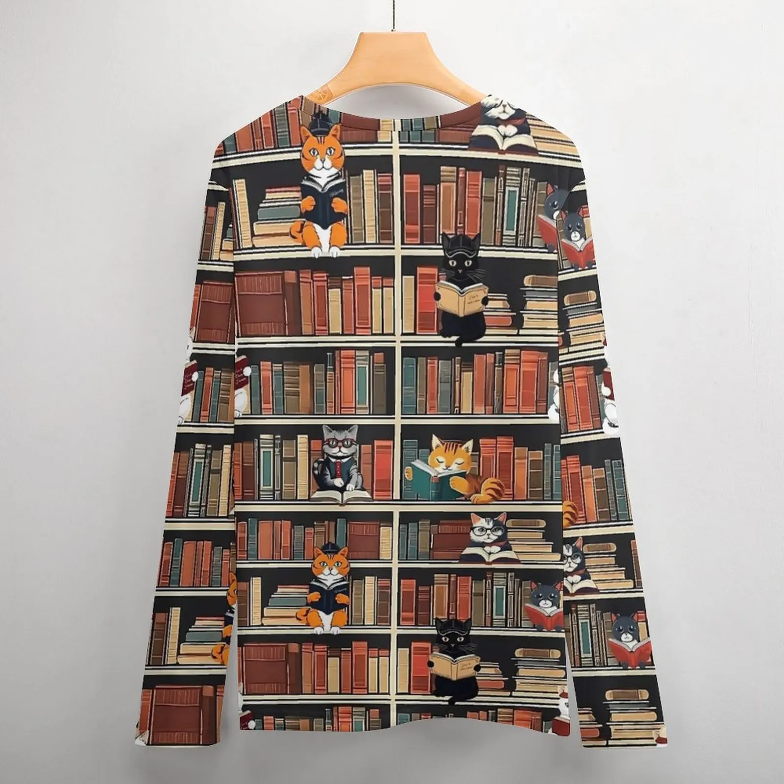 مكتبة القط الفن تي شيرت القطط والكتب رجل الموضة تي شيرت الربيع الجرافيك تيز كم طويل عادية المتضخم هدية عيد ميلاد