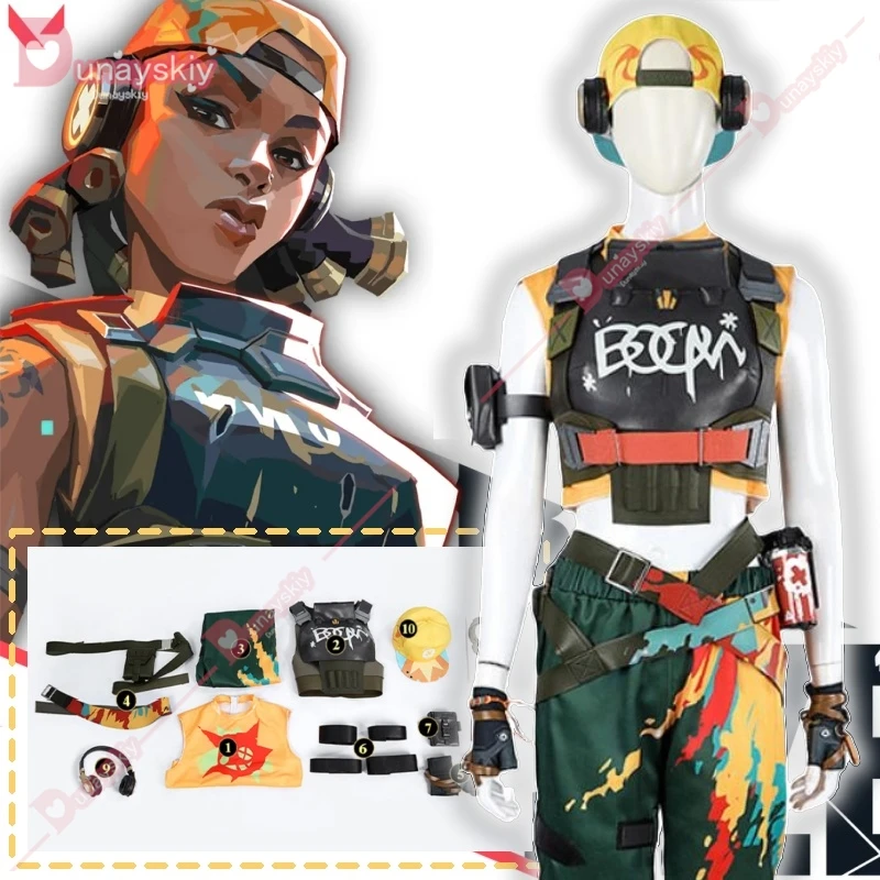 Game Valorant Raze Cosplay Costume Suits Power Girls Outfit Accessories Hat Headphone Pocket Bags Women Halloween Party Uniform