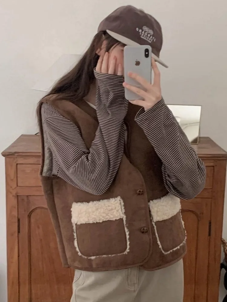 Gilet coréen d'hiver pour femmes, doux et jeune, en fourrure d'agneau, superposition intercée, polyvalent, longueur ort, boutonné