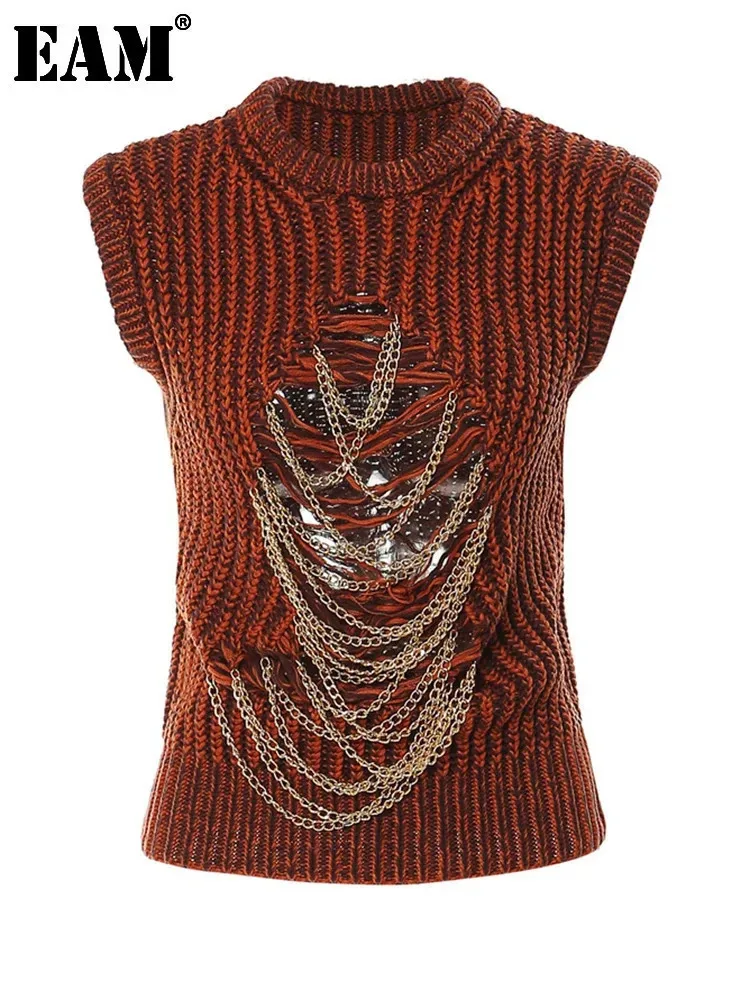 [EAM] maglione lavorato a maglia a catena in metallo vestibilità ampia girocollo senza maniche pullover donna nuova moda marea autunno inverno 2024 1 df2067