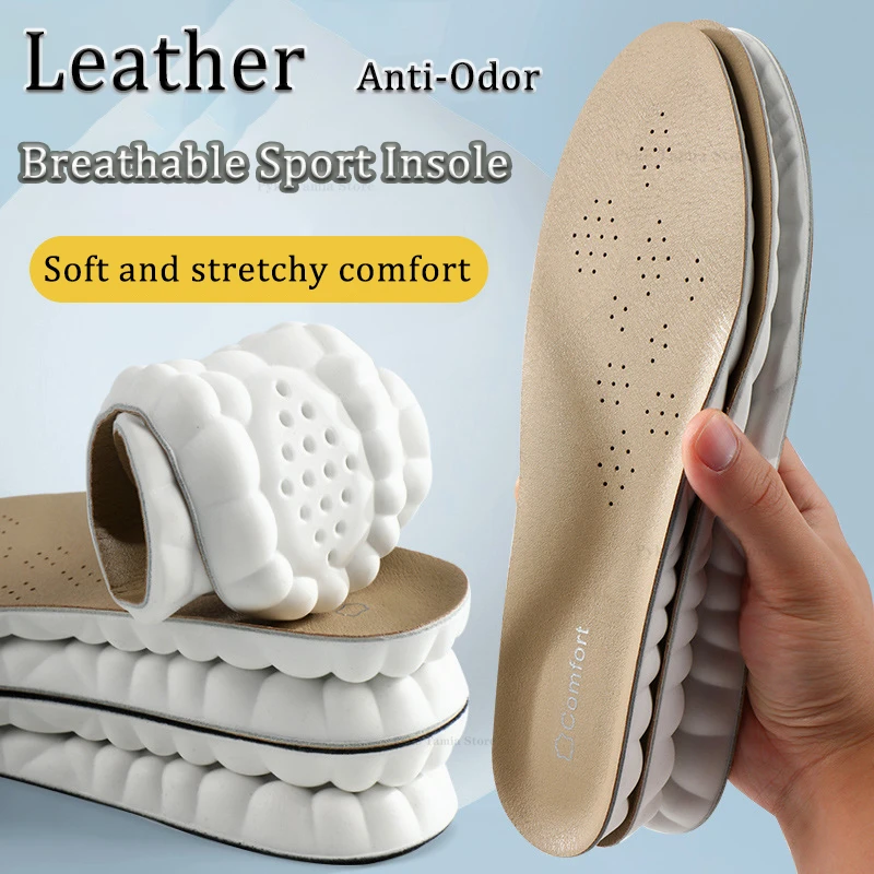 4D High Elastic Genuine Leather Latex Sports Insoles Arch Support Orthotic Feet Cushion Inserts Breathable Anti-odor Shoes Pads