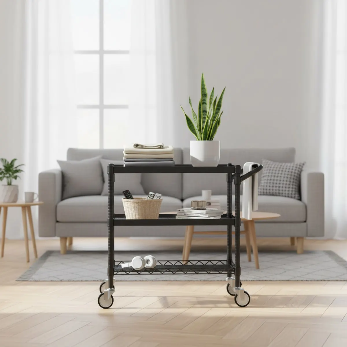 Large 45 Inch 2 Tier Metal Rolling Service Cart with Handle Heavy Duty Storage for Garage Kitchen Warehouse