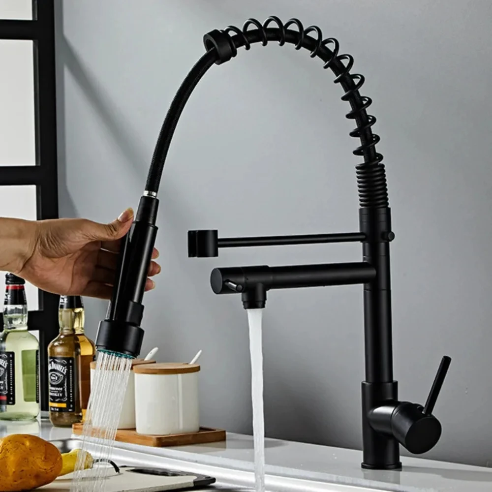 Kitchen Spring Pull Type Faucet All Copper Rotating And Stretching Sink Cold And Hot Water Purification Direct Drinking Dual